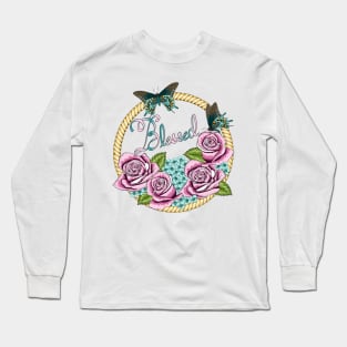 Blessed - Roses And Hydrangea Pattern Long Sleeve T-Shirt